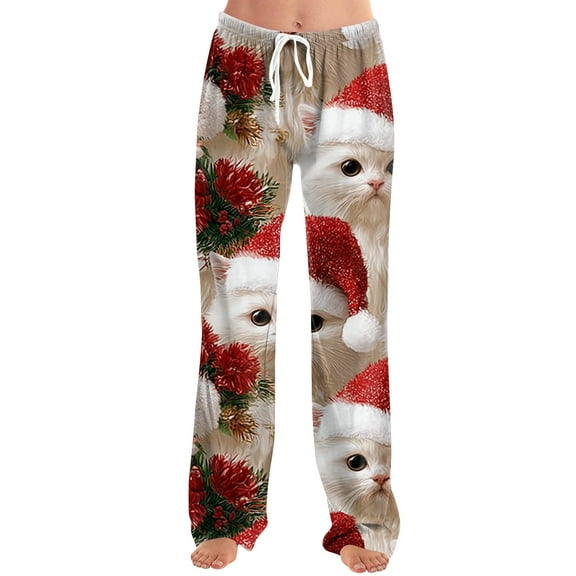 Women's Drawstring Christmas Printed Casual Pants, Long Trousers with Elastic Waist for Comfortable Wear, Festive Design for Holiday Season,Vermilion,2XL