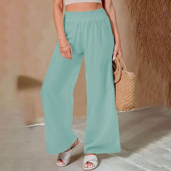 Women's Drawstring Cotton Linen Pants,Wide Leg Cotton Linen Pants for Women Casual Summer,Women Linen Palazzo Pants Summer Boho Wide Leg Casual Lounge Pants 2025 Trendy Beach Travel Vacation Outfits