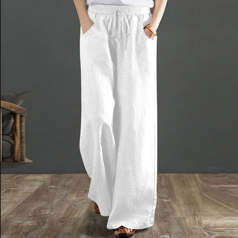 Women s Drawstring Cotton Linen Wide Leg Pants Plus Size Floor Length Trousers with Pockets Winter Solid Color Baggy Lounge Pant