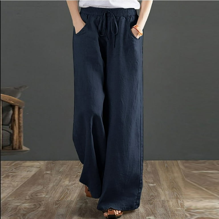 Women's Drawstring Cotton Linen Wide Leg Pants Plus Size Floor Length  Trousers with Pockets Winter Solid Color Baggy Lounge Pant