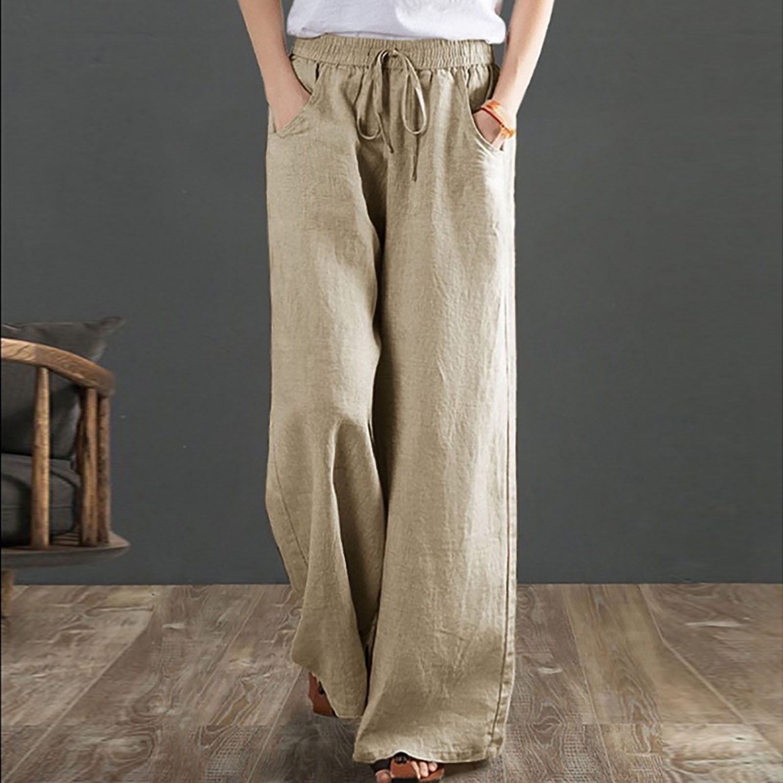 【BAON】Esuo Color Washing Cotton Pants Women's Drawstring Cotton Linen Wide Leg Pants Plus Size