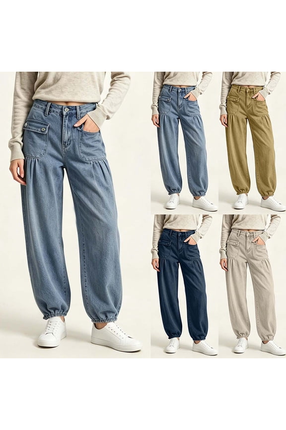 Women's Drawstring Cuffed Jogger Jeans, Durable Stay Put Button Zipper High Waist Pre-Shrunk Denim Pants with Flap Pockets for Office Casual Daily | TruBelle,Beige L