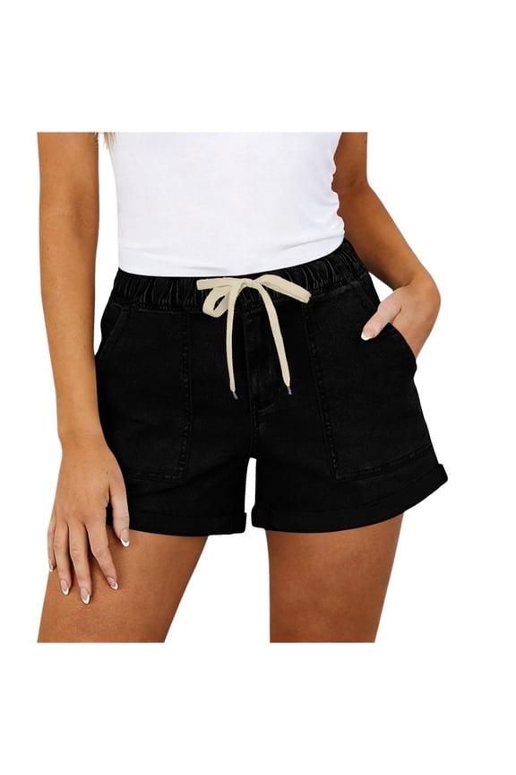 Women,s Drawstring Denim Shorts - Casual Elastic Waist Pull on Jean Shorts with Pockets for Travel Summer Vacation