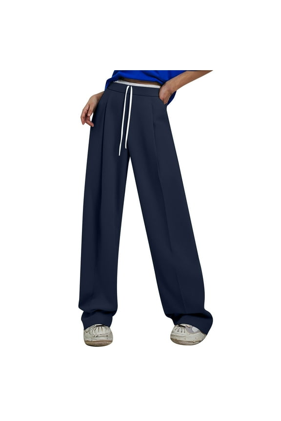 Women's Drawstring Double High Waist Solid Color Wide Leg Pants Womens Casual Dress Pants with Pockets Cute Sweatpants for Women Peg Pants with Tie Womens plus Size Sweatpants Big And Tall Beach Pants