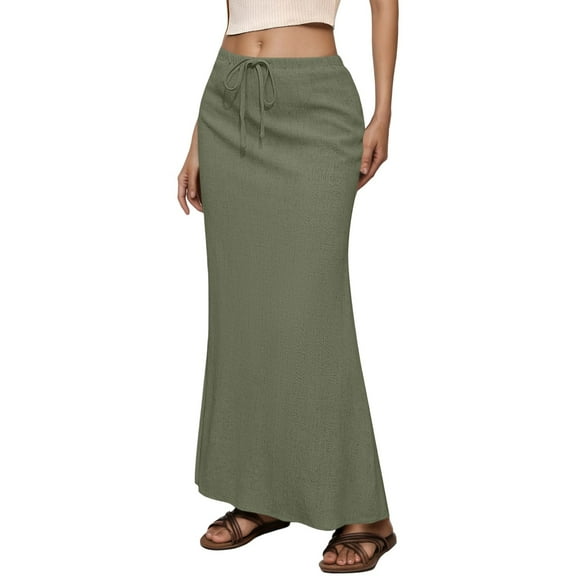Women's Drawstring Elastic Waist Back Slit Solid Midi Skirt (Green XL)