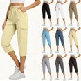 thumbnail image 1 of Women's Drawstring Elastic Waist Cargo Capri Pants,Casual Cropped Trousers with Multi Pockets for Summer Wear,Beige,Women's Capri L, 1 of 8