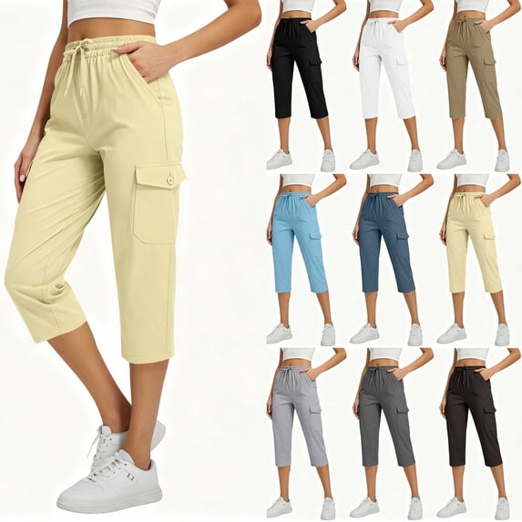 Women's Drawstring Elastic Waist Cargo Capri Pants,Casual Cropped Trousers with Multi Pockets for Summer Wear,Beige,Women's Capri L
