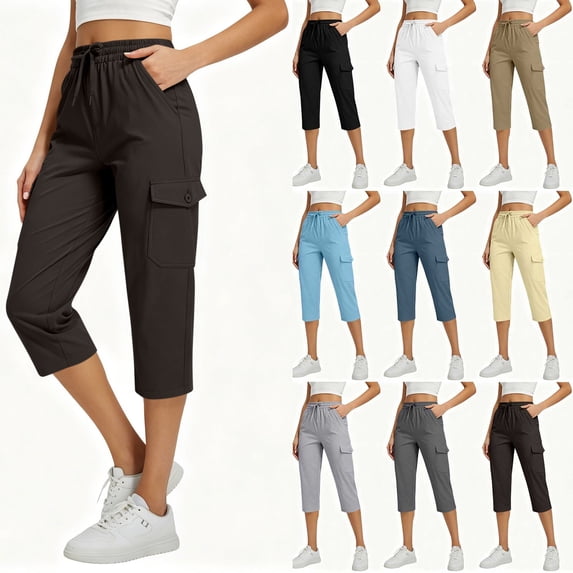 Women's Drawstring Elastic Waist Cargo Capri Pants,Casual Cropped Trousers with Multi Pockets for Summer Wear,Brown,Women's Capri S