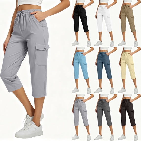 Women's Drawstring Elastic Waist Cargo Capri Pants,Casual Cropped Trousers with Multi Pockets for Summer Wear,Gray,Women's Capri S