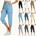 thumbnail image 1 of Women's Drawstring Elastic Waist Cargo Capri Pants,Casual Cropped Trousers with Multi Pockets for Summer Wear,Light Blue,Women's Capri L, 1 of 8