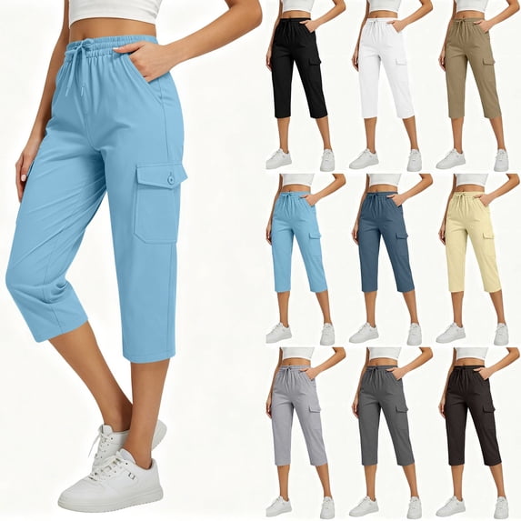 Women's Drawstring Elastic Waist Cargo Capri Pants,Casual Cropped Trousers with Multi Pockets for Summer Wear,Light Blue,Women's Capri L