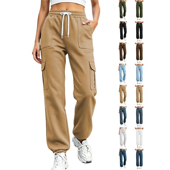 Women's Drawstring Elastic Waist Cargo Jogger Pants, Ghalytn Multi-Pocket Casual Athletic Sweatpants with Cuffed Hem