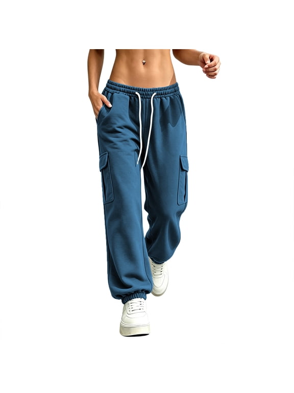 Women's Drawstring Elastic Waist Cargo Jogger Pants, Ghalytn Multi-Pocket Casual Athletic Sweatpants with Cuffed Hem
