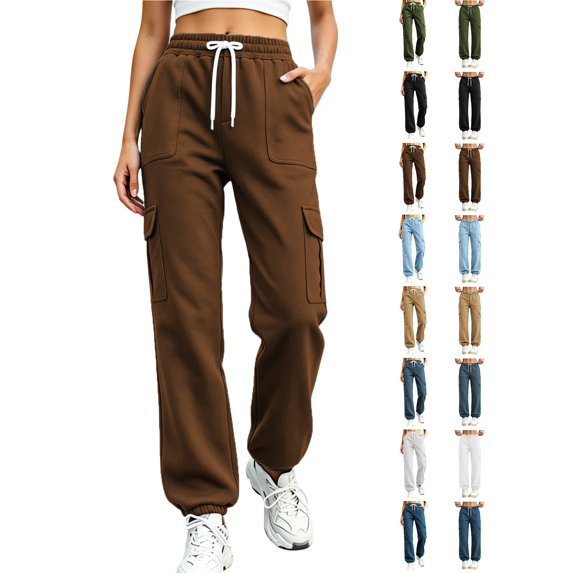 Women's Drawstring Elastic Waist Cargo Jogger Pants, Ghalytn Multi-Pocket Casual Athletic Sweatpants with Cuffed Hem