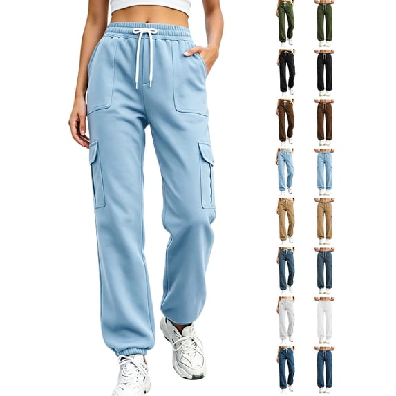 Women's Drawstring Elastic Waist Cargo Jogger Pants, Ghalytn Multi-Pocket Casual Athletic Sweatpants with Cuffed Hem