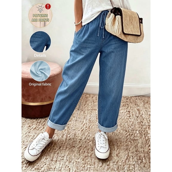 Women's Drawstring Elastic Waist Jogger Pants, Straight Leg Rolled Cuff Trousers with Pockets for Everyday, Work & Casual Wear