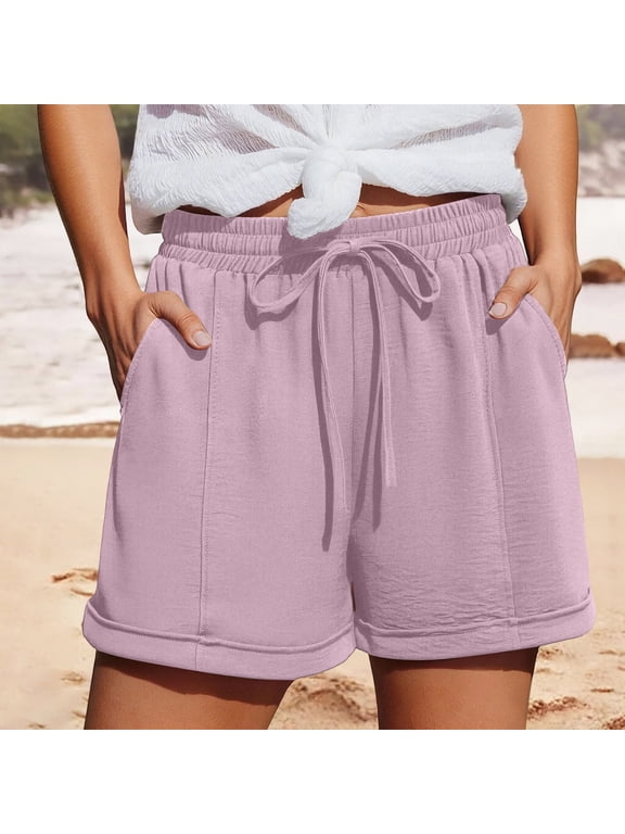 Women's Drawstring Elastic Waist Roll Cuff Bermuda Shorts,Loose Casual Athletic Sweat Shorts with Pockets,Pink,Women's Plus Size XXL