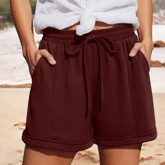 Women's Drawstring Elastic Waist Roll Cuff Bermuda Shorts,Loose Casual Athletic Sweat Shorts with Pockets,Wine,Women's Plus Size XXL