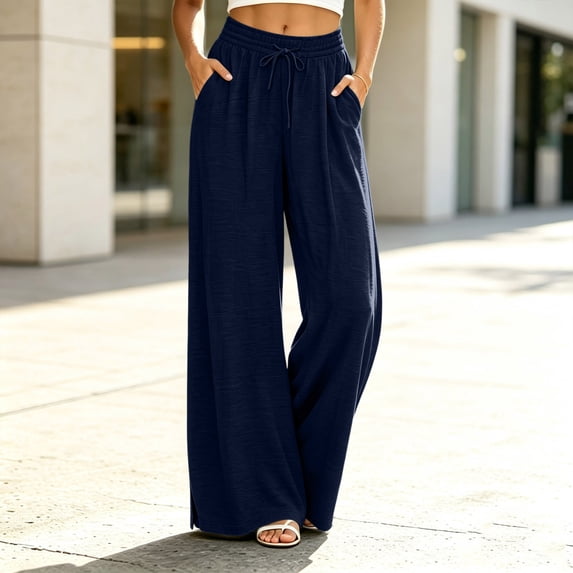Women's Drawstring Elastic Waist Textured Wide Leg Pants Split Hem Relaxed Fit Pants for Women Navy L