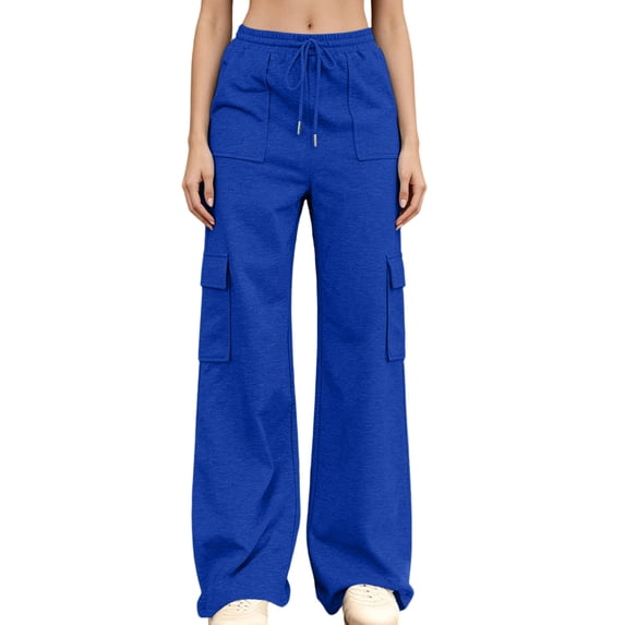 Women's Drawstring Elastic Waist Wide Leg Cargo Sweatpants, Ghalytn Multi-Pocket Casual Athleisure Streetwear Pants