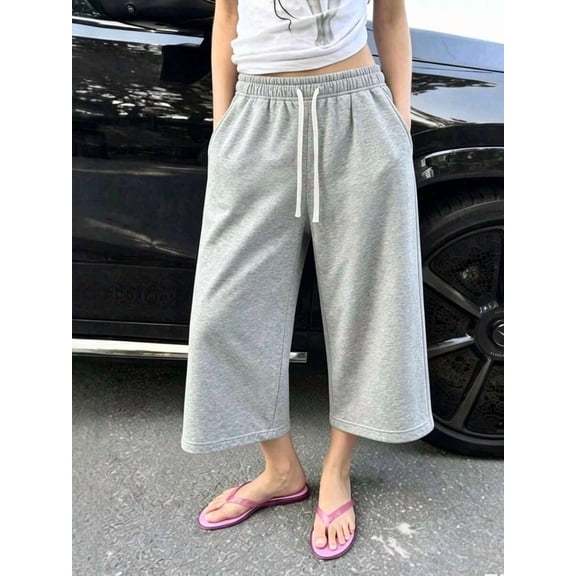 Women's Drawstring Elastic Waist Wide Leg Shorts, Loose Fit Mid-Length Bermuda Pants with Pockets for Everyday, Casual & Athleisure Wear