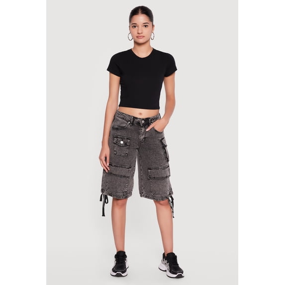 Women's Drawstring Hem Acid Wash Cargo Bermuda Shorts