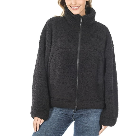 Women's Drawstring Hem Zipper Front Mock Neck Fleece Cotton Candy Sherpa Jacket with Pockets