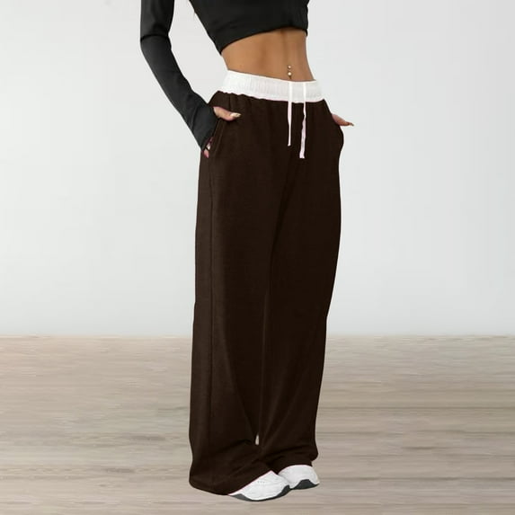 Women's Drawstring High Waist Color Block Sports Pants, Loose Fit Long Casual Pants, Elastic Waistband Athletic Pants for Daily Wear, Lounge Pants for Women, Comfortable Streetwear Sweatpants Coffee