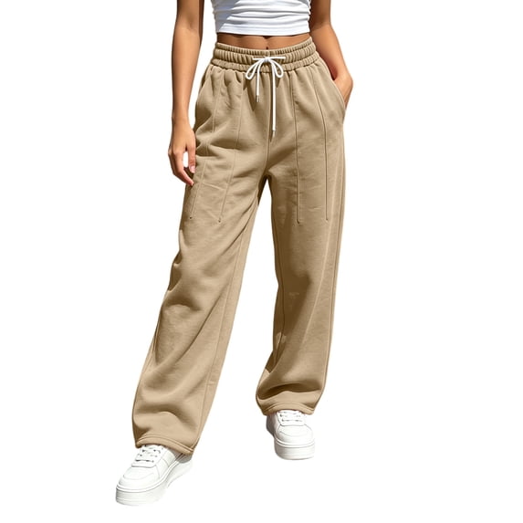 Women's Drawstring High Waist Wide Leg Sweatpants Y2K Loose Casual Joggrt Pants Soft Athletic Streetwear Pants with Pocket Fall Outfit Khaki