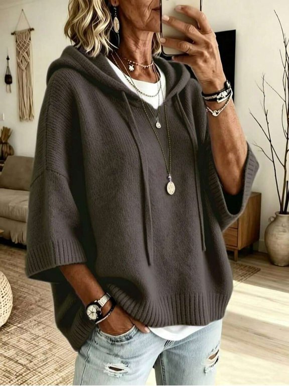 Women's Drawstring Hooded Sweater, Drop Shoulder Loose Knit Pullover