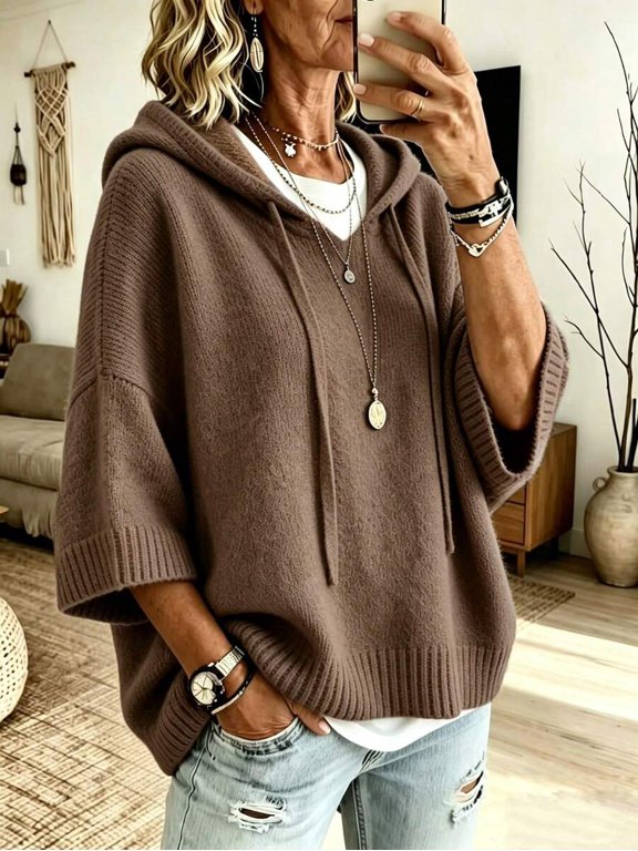 Women's Drawstring Hooded Sweater, Drop Shoulder Loose Knit Pullover