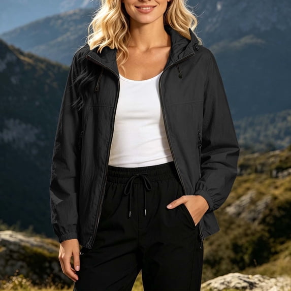 Women's Drawstring Hooded Waterproof Zip Up Cuffed Short Outdoor Windbreaker Jacket,L,Women's Plus Size