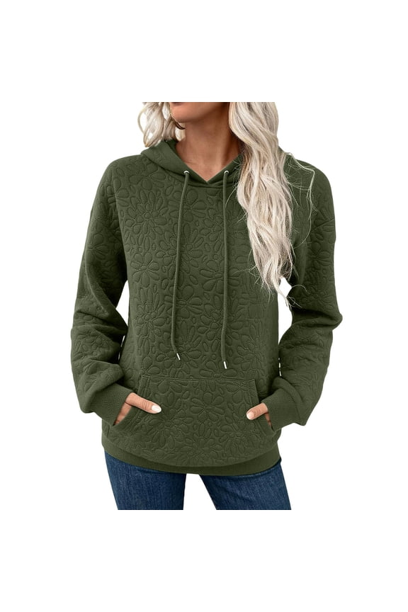 Women's Drawstring Hoodies with Pocket Flower Textured Pattern Hooded Sweatshirts Pullover Solid Long Sleeve Tops (2XL, Green)