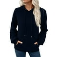 thumbnail image 1 of Women's Drawstring Hoodies with Pocket Flower Textured Pattern Hooded Sweatshirts Pullover Solid Long Sleeve Tops (L, Navy), 1 of 6