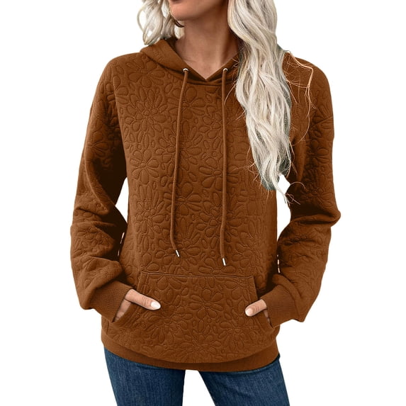 Women's Drawstring Hoodies with Pocket Flower Textured Pattern Hooded Sweatshirts Pullover Solid Long Sleeve Tops (S, Brown)