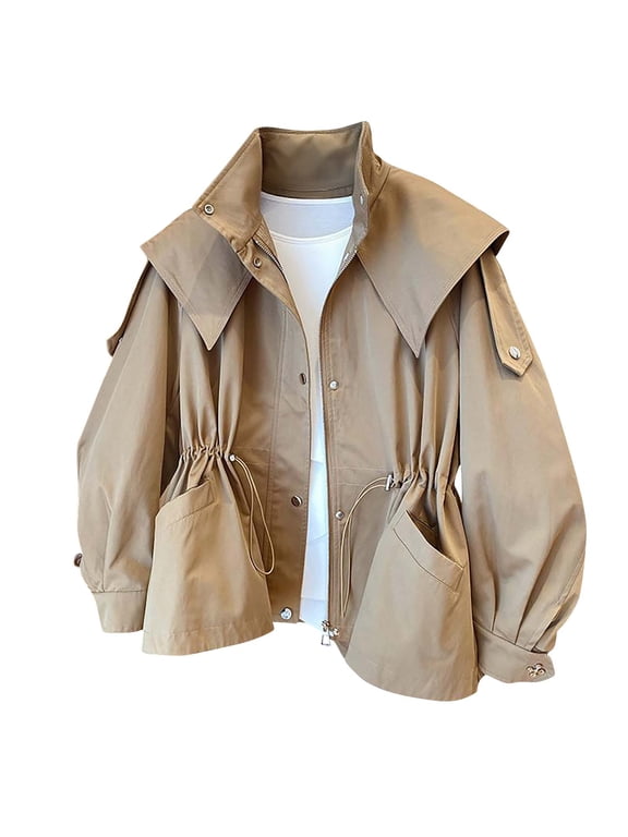 Women's Drawstring Jacket Long Sleeve Zip Up Short Trench Coat with Pockets Khaki M