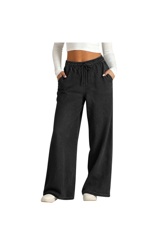 Women's Drawstring Jeans Denim Print Wide Leg Elastic High Waisted Trouser Flowy Wide Leg Pants with Pockets