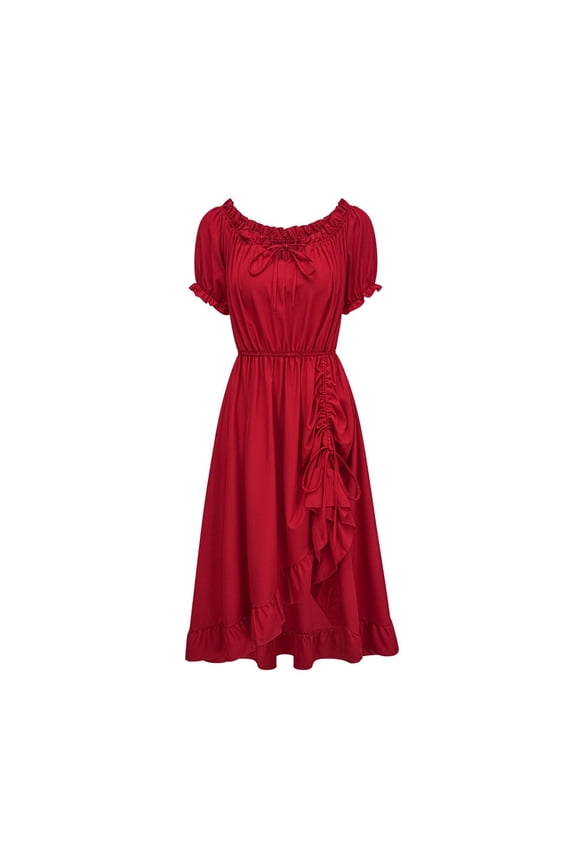 Women's Drawstring Maxi Dress Solid Color Asymmetrical Hem Short Sleeve V Neck Long Dress Red S