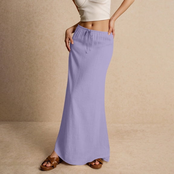 Women's Drawstring Maxi Skirt, Solid Color A-Line Elastic Waist Beach Skirt, Flowy Casual Skirt for Vacation or Summer Wear, Light Purple - S