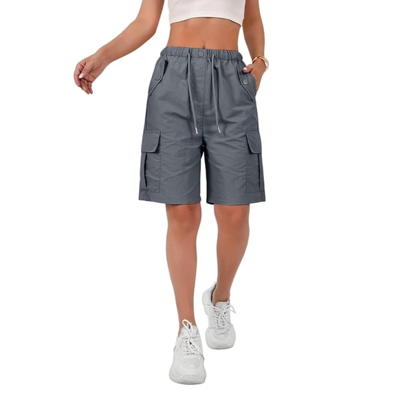 Women's Drawstring Pockets Cargo Elastic Waist Hiking Bermuda Shorts for Casual Summer Dark Gray L