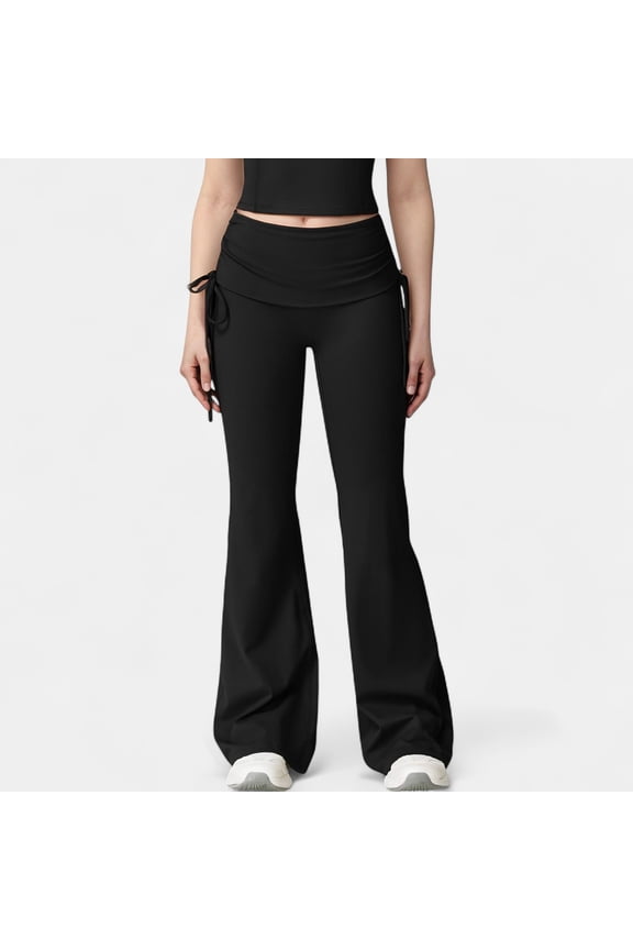 Women's Drawstring Ruched Waist Flared Leg Pants Stretch Fabric Active Yoga Lounge Bottoms - Large, Black