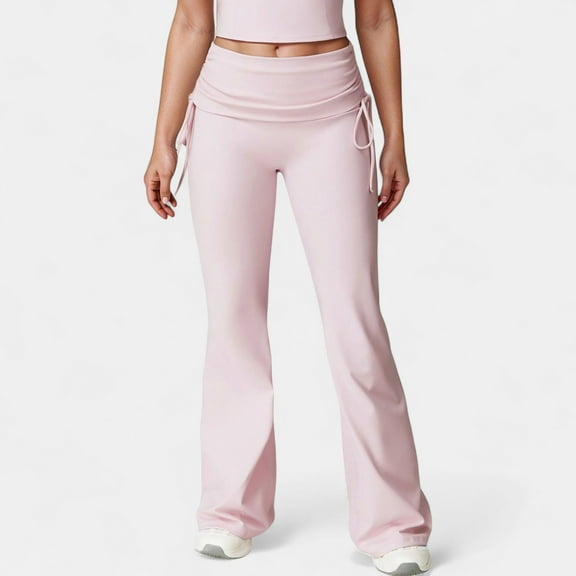 Women's Drawstring Ruched Waist Flared Leg Pants Stretch Fabric Active Yoga Lounge Bottoms - Large, Pink