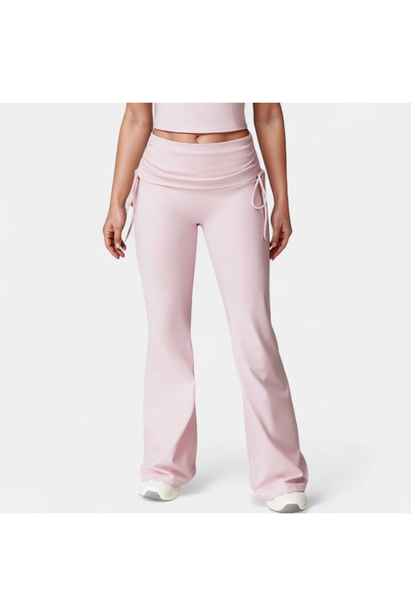 Women's Drawstring Ruched Waist Flared Leg Pants Stretch Fabric Active Yoga Lounge Bottoms - Large, Pink