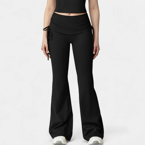 Women's Drawstring Ruched Waist Flared Leg Pants Stretch Fabric Active Yoga Lounge Bottoms - Small, Black