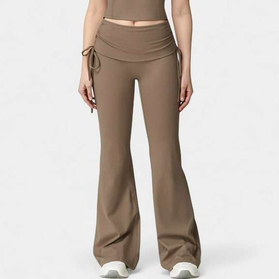 Women's Drawstring Ruched Waist Flared Leg Pants Stretch Fabric Active Yoga Lounge Bottoms - Small, Brown