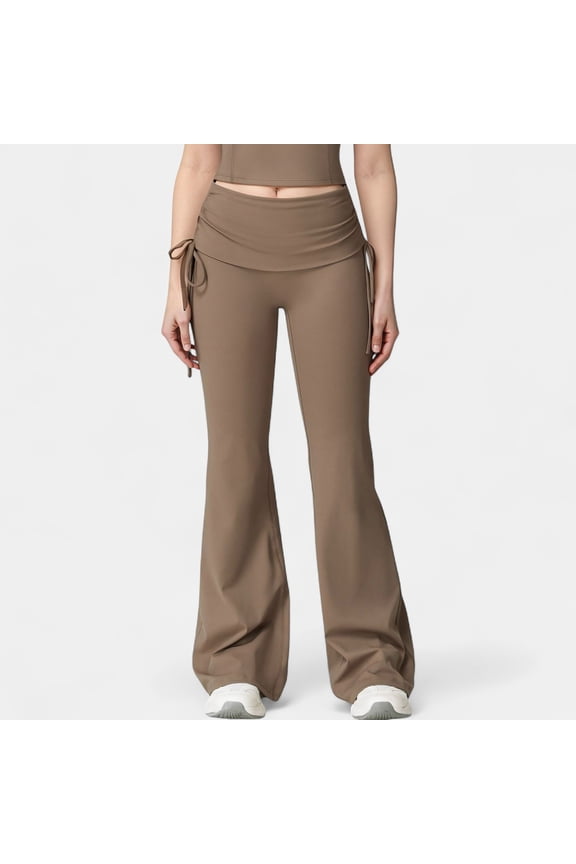 Women's Drawstring Ruched Waist Flared Leg Pants Stretch Fabric Active Yoga Lounge Bottoms - Small, Brown
