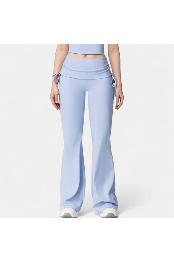 Women's Drawstring Ruched Waist Flared Leg Pants Stretch Fabric Active Yoga Lounge Bottoms - X Large, Light Blue