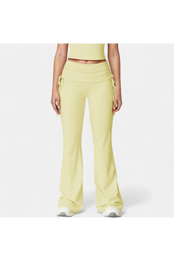 Women's Drawstring Ruched Waist Flared Leg Pants Stretch Fabric Active Yoga Lounge Bottoms - X Large, Yellow