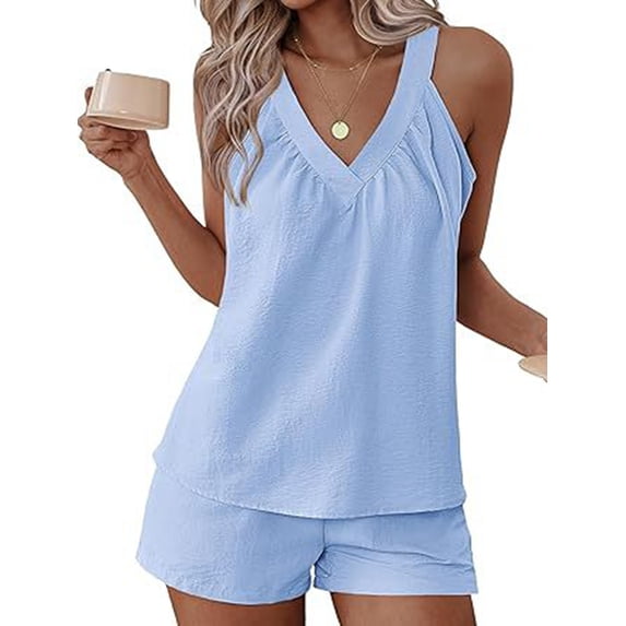 Women's Drawstring Short Sets Outfits Neck Top High Shorts for Daily Wear Light Blue L