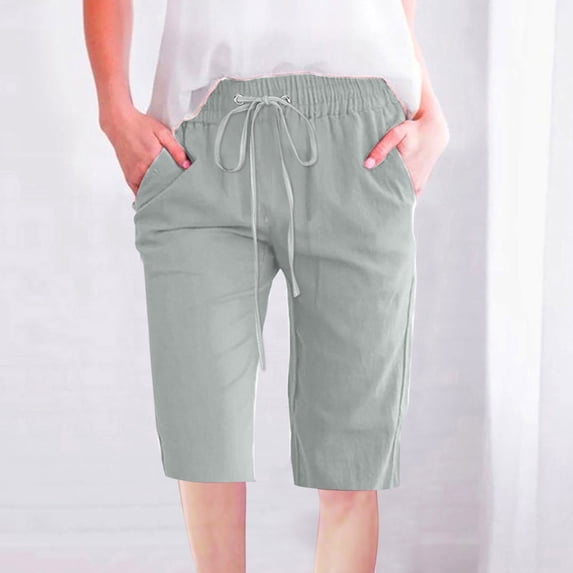 Women's Drawstring Shorts Knee Length Straight Leg Pockets Summer Casual Solid Color Elastic Waist Wide Leg Shorts Comfy Soft Loose Shorts with Pockets